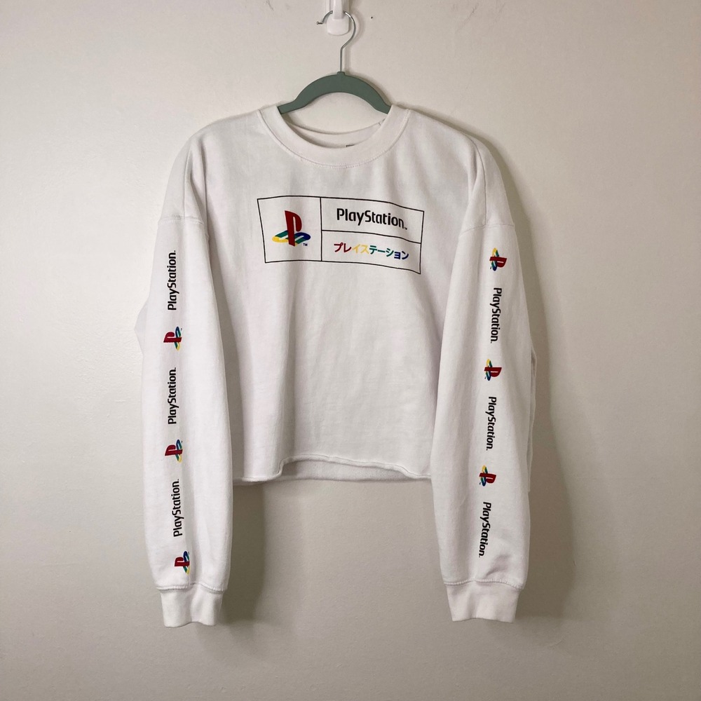 PlayStation Sony Graphic Cropped Sweatshirt White Logo Sleeve Print Large